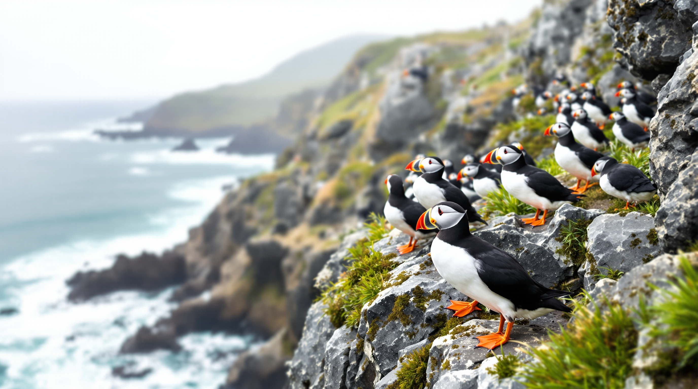 Atlantic puffins nesting on coastal cliffs