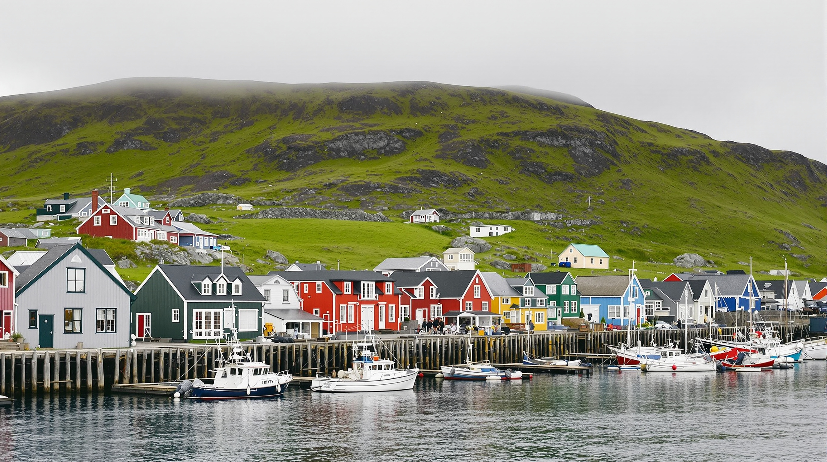 Historic Trinity fishing village with traditional saltbox houses